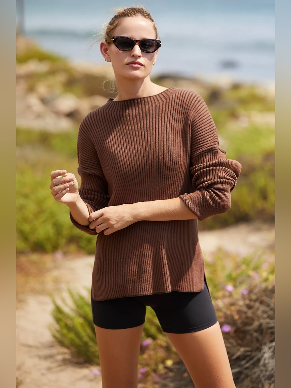 Varley Emile Rib Knit Sweater | Brown Boat Neck Pullover | Small | Anthropologie